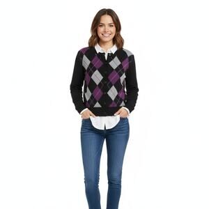 Y2K Vintage Argyle Cardigan NorthCrest L Purple Black Cotton GUC Preppy Academia